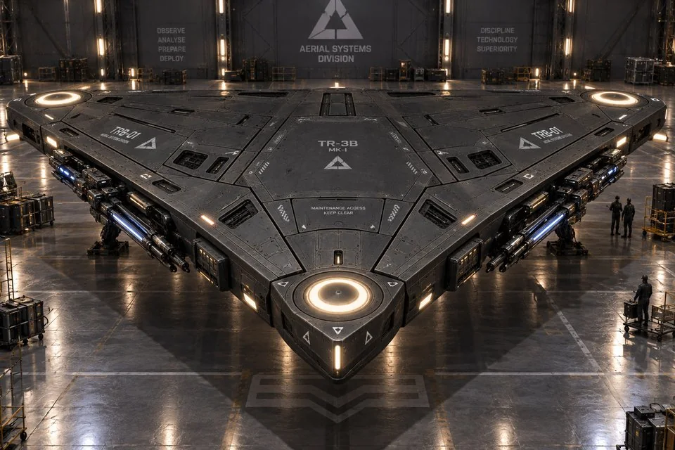 The TRB-01, a large black triangular craft with a glowing ring at each corner, parked on the floor of a dark hangar under an AERIAL SYSTEMS DIVISION marking.