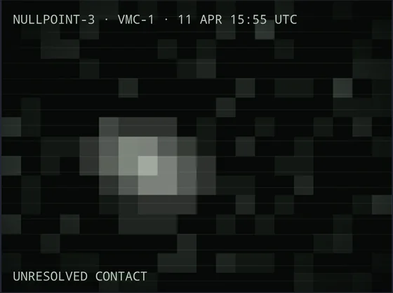 A grainy, pixelated sighting photograph of a bright blur against black, labelled UNRESOLVED CONTACT, taken by a stock camera.