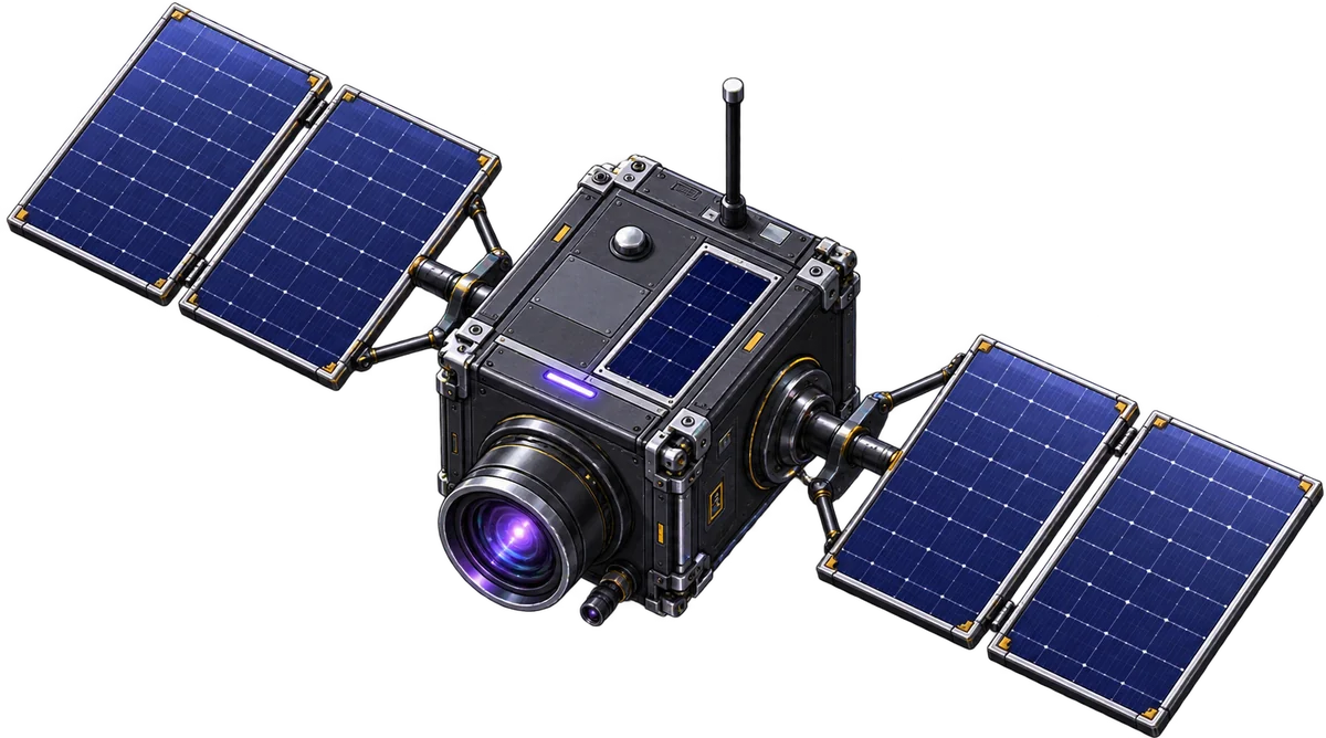 An imaging platform: a boxed bus with a large optical payload forward, a
                  communications mast, and two solar wings.