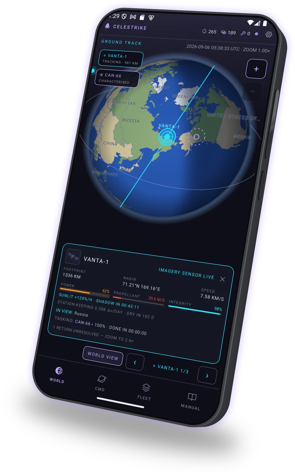 A phone showing Celestrike's WORLD screen: an orthographic globe with VANTA-1 over northern Russia, its ground track drawn ahead of it in cyan, and a look-down panel underneath reading footprint, nadir, speed, power, propellant and integrity.