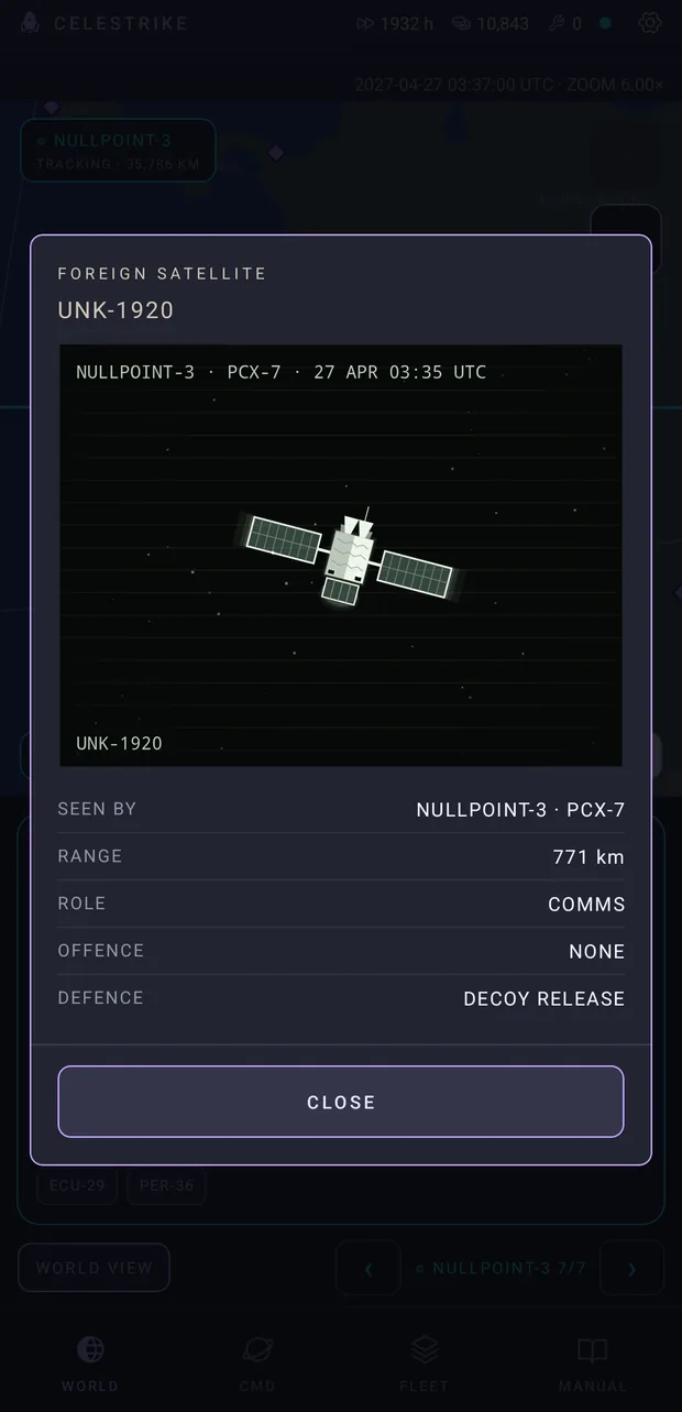 A foreign satellite report for UNK-1920: a clear photograph of the spacecraft taken by NULLPOINT-3's PCX-7 camera, with its range, role, offence and defence listed underneath.
