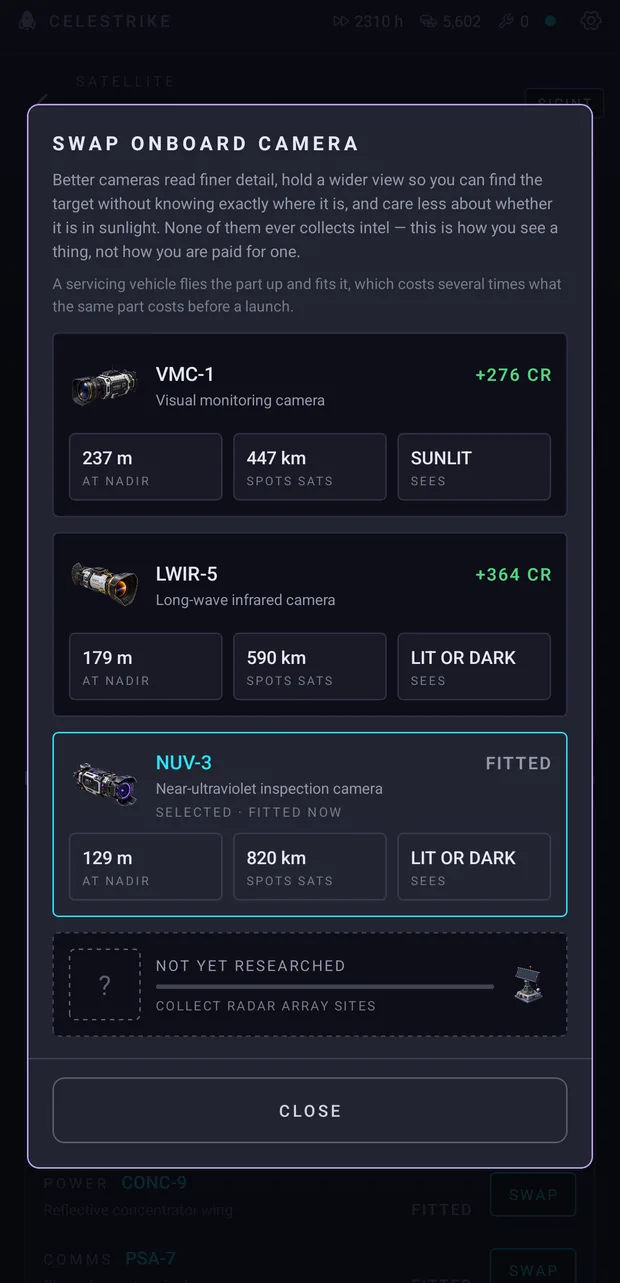 The swap sheet for a satellite's onboard camera, listing three cameras with their stats and prices, and a locked fourth tile reading NOT YET RESEARCHED, collect radar array sites.