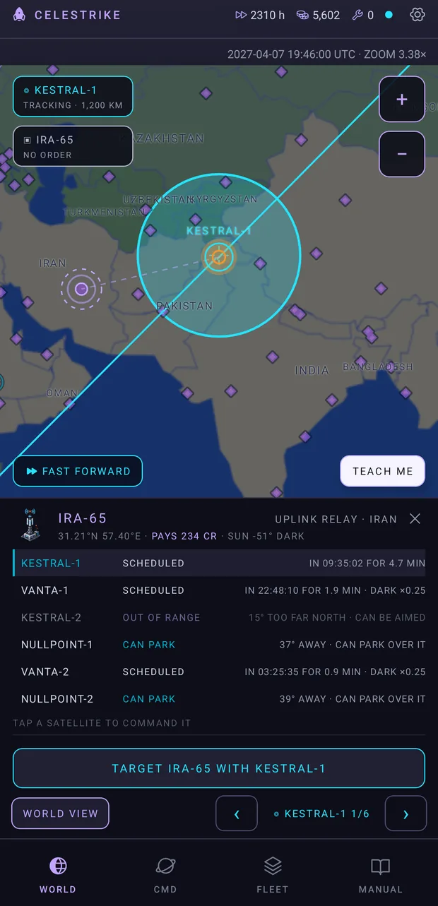 A ground target panel for IRA-65, an uplink relay in Iran, listing what it pays and every satellite in the fleet: when each next flies over, and how far the parkable ones are.