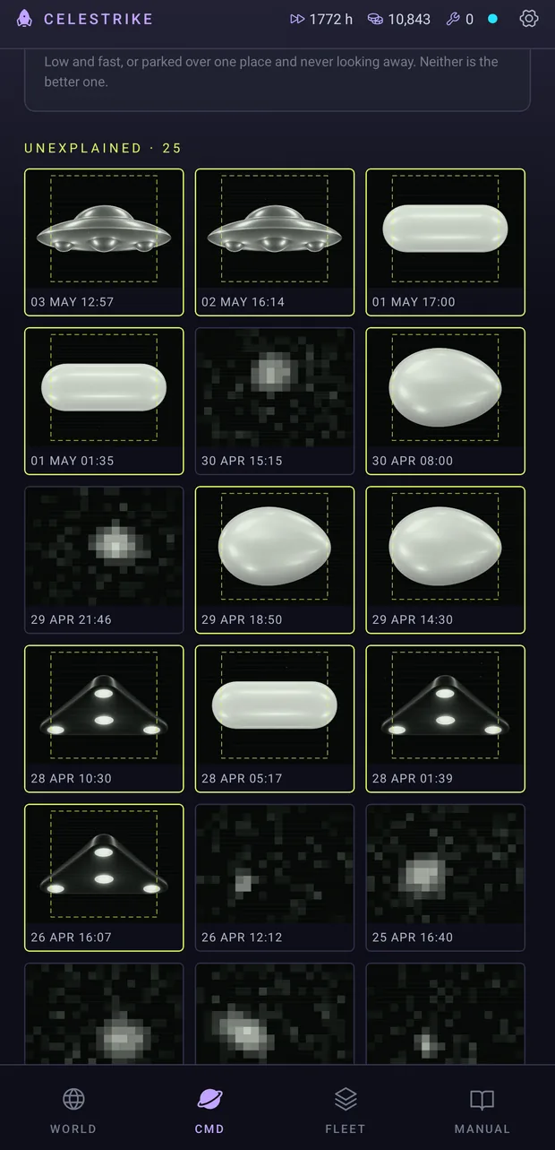 The UNEXPLAINED log on CMD: a grid of sighting photographs, some grainy blurs and some clear discs, triangles, eggs and capsules, each with a date.
